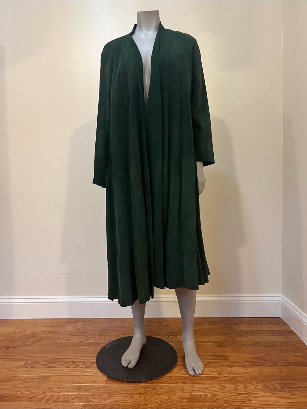 Donna Karen Couture Vintage Hunter Green Suede Leather Runway Duster Coat